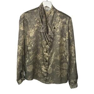 Vintage Gold Lame Floral Print Button Up Blouse - Women's Size 8